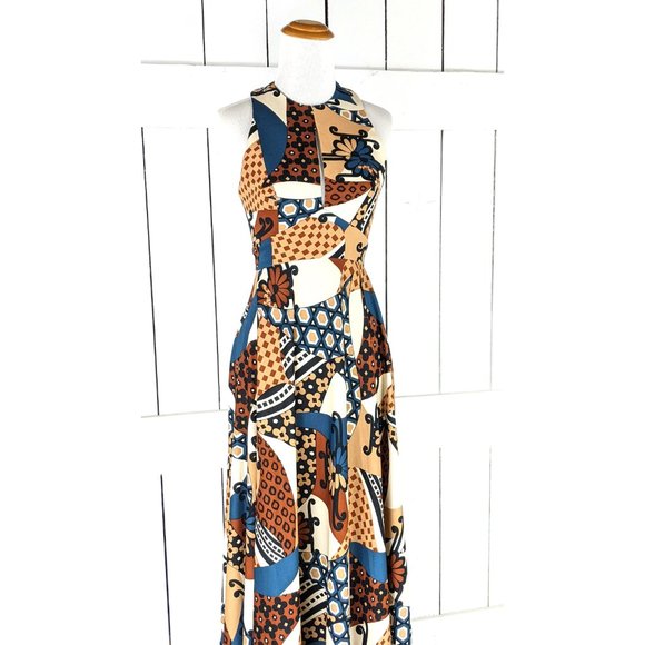 70s vintage brown floral psychedelic print sleeveless peep halter top maxi dress - Picture 4 of 8